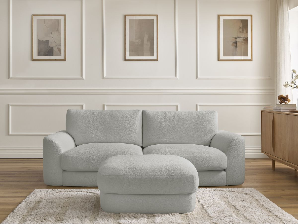 Bobochic Leonore Sofa 3-Sitzer mit Pouf Bouclé-Stoff Hellgrau
