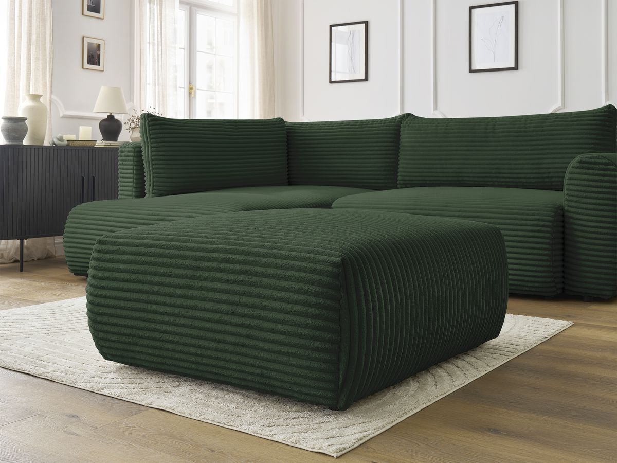 Bobochic Lucien Ecksofa mit Schlaffunktion und Bettkasten und Pouf 296 × 198 cm Breitcord weich Grün Ecke links