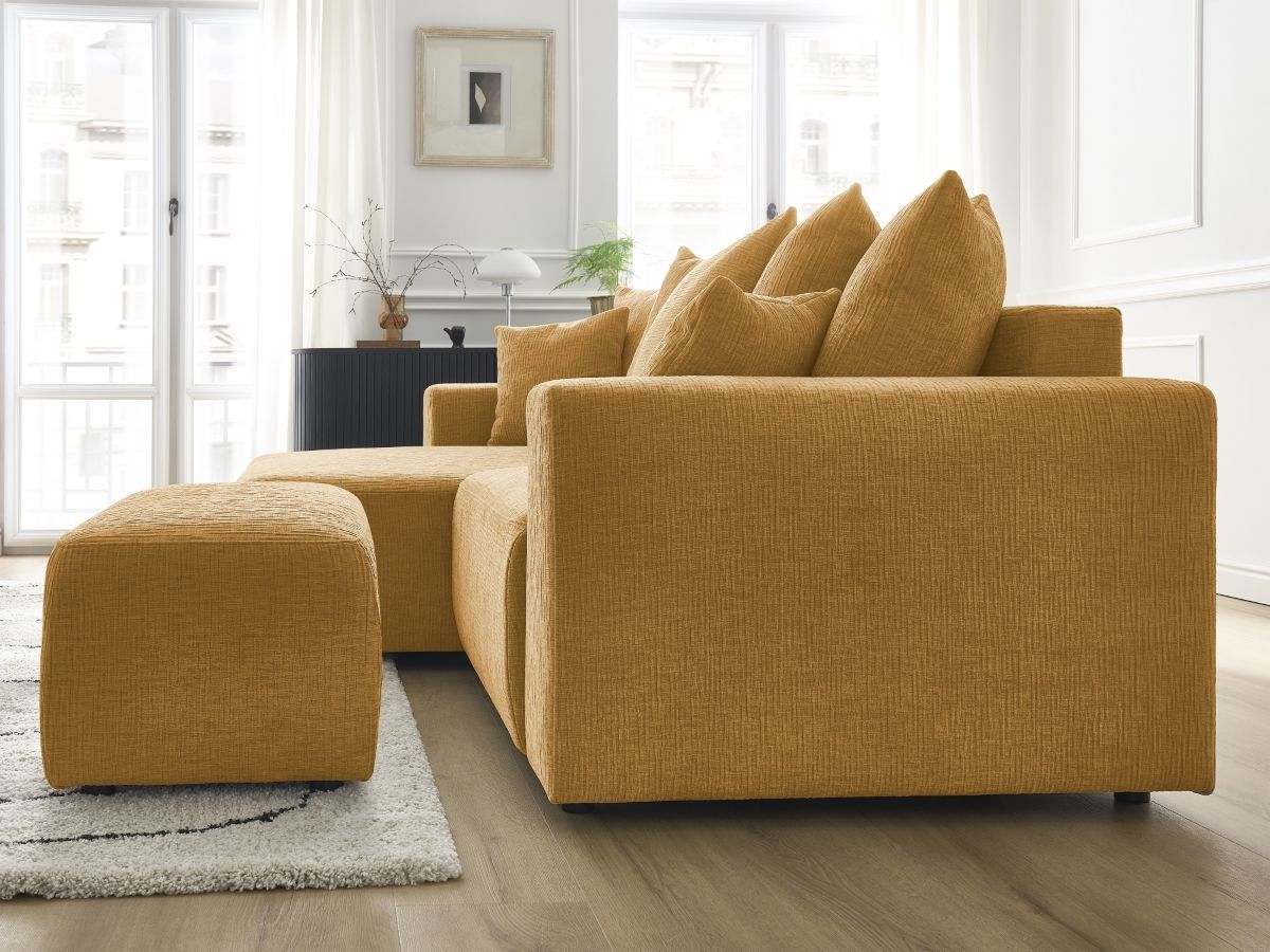 Bobochic Atilla Ecksofa mit Schlaffunktion und Bettkasten und Pouf Strukturstoff Gelb Ecke links