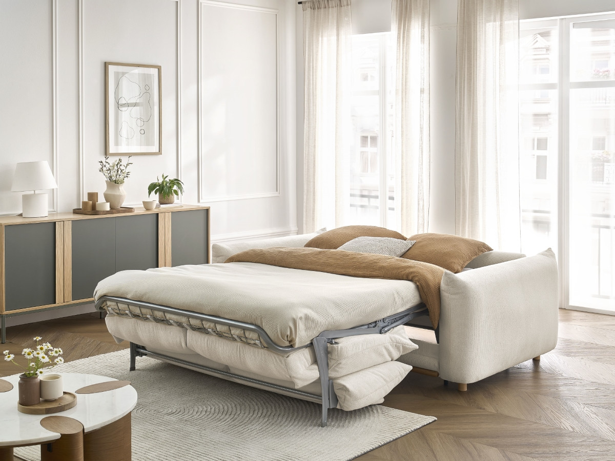 Bobochic Ernest Schlafsofa 3-Sitzer, Liegefläche 190 × 140 / 160 cm Stoff Beige, Liegefläche 140 × 190 cm