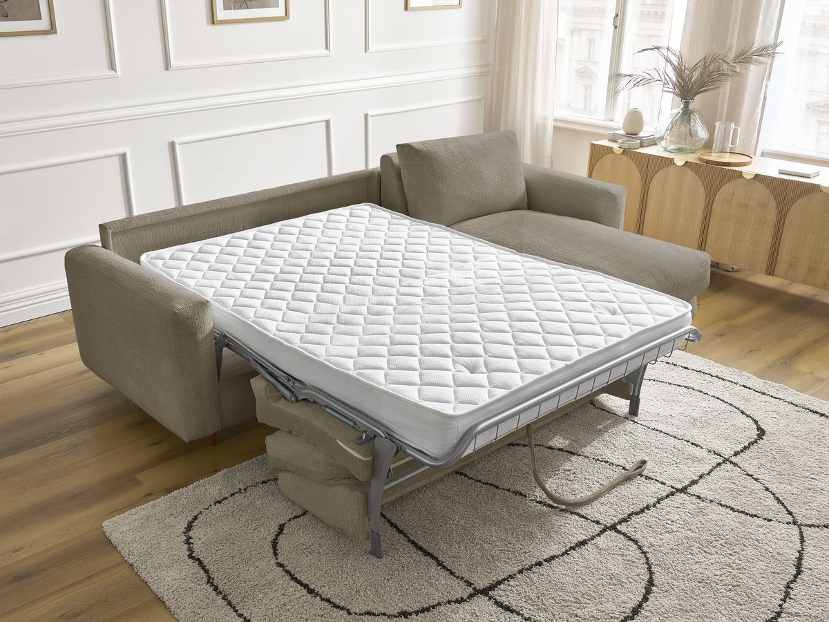 Bobochic Cocoone Ecksofa mit Schlaffunktion und Bettkasten Strukturstoff Taupe, Liegefläche 140 × 200 cm