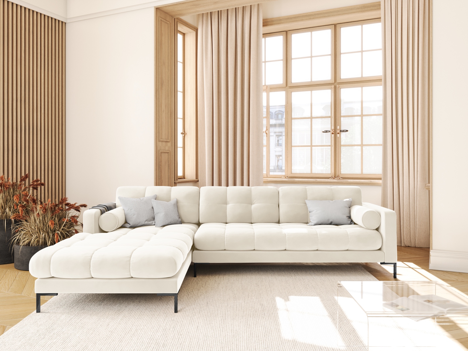 Cosmopolitan Design Ecksofa Bali 5-Sitzer Samt Bluvel Helles Beige Links Beine Schwarzes Metall