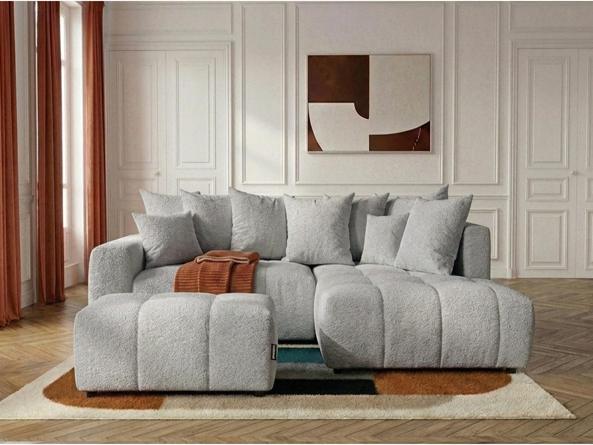 Bobochic Roxelane Ecksofa mit Schlaffunktion und Bettkasten und Pouf Bouclé-Stoff Hellgrau Ecke rechts