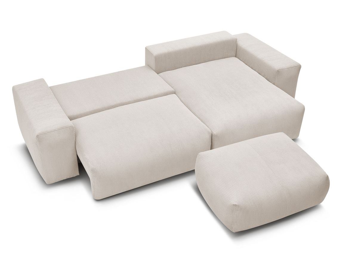 Bobochic Voltaire Ecksofa mit Schlaffunktion und Bettkasten und Pouf Cordsamt Beige