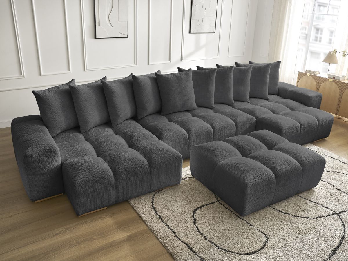 Bobochic Anakin Wohnlandschaft mit Pouf, 10 Kissen Strukturstoff Schwarz