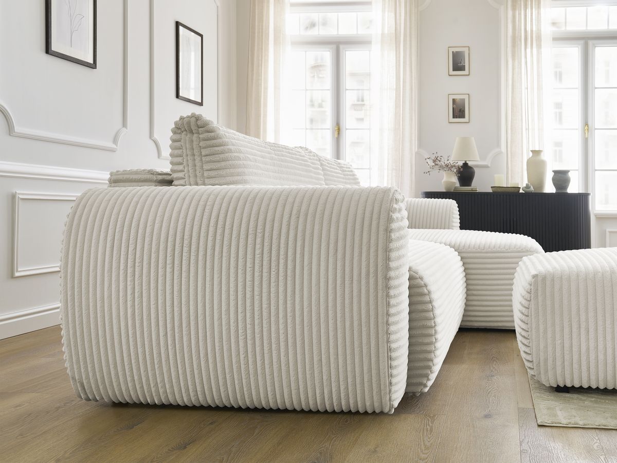Bobochic Lucien Ecksofa mit Schlaffunktion und Bettkasten und Pouf 314 × 167 cm Breitcord weich Beige Ecke rechts