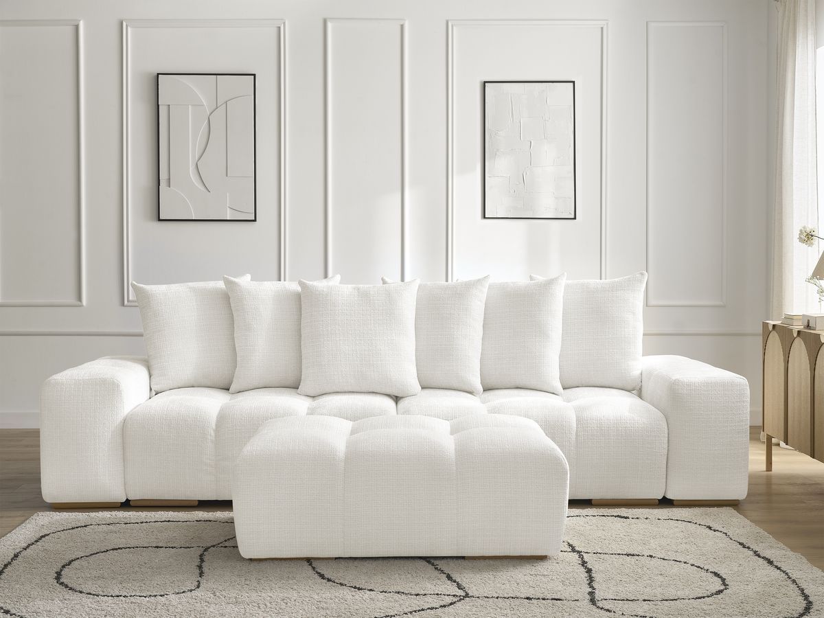 Bobochic Anakin Schlafsofa 3-Sitzer mit Bettkasten und Pouf, 6 Kissen Strukturstoff Weiß
