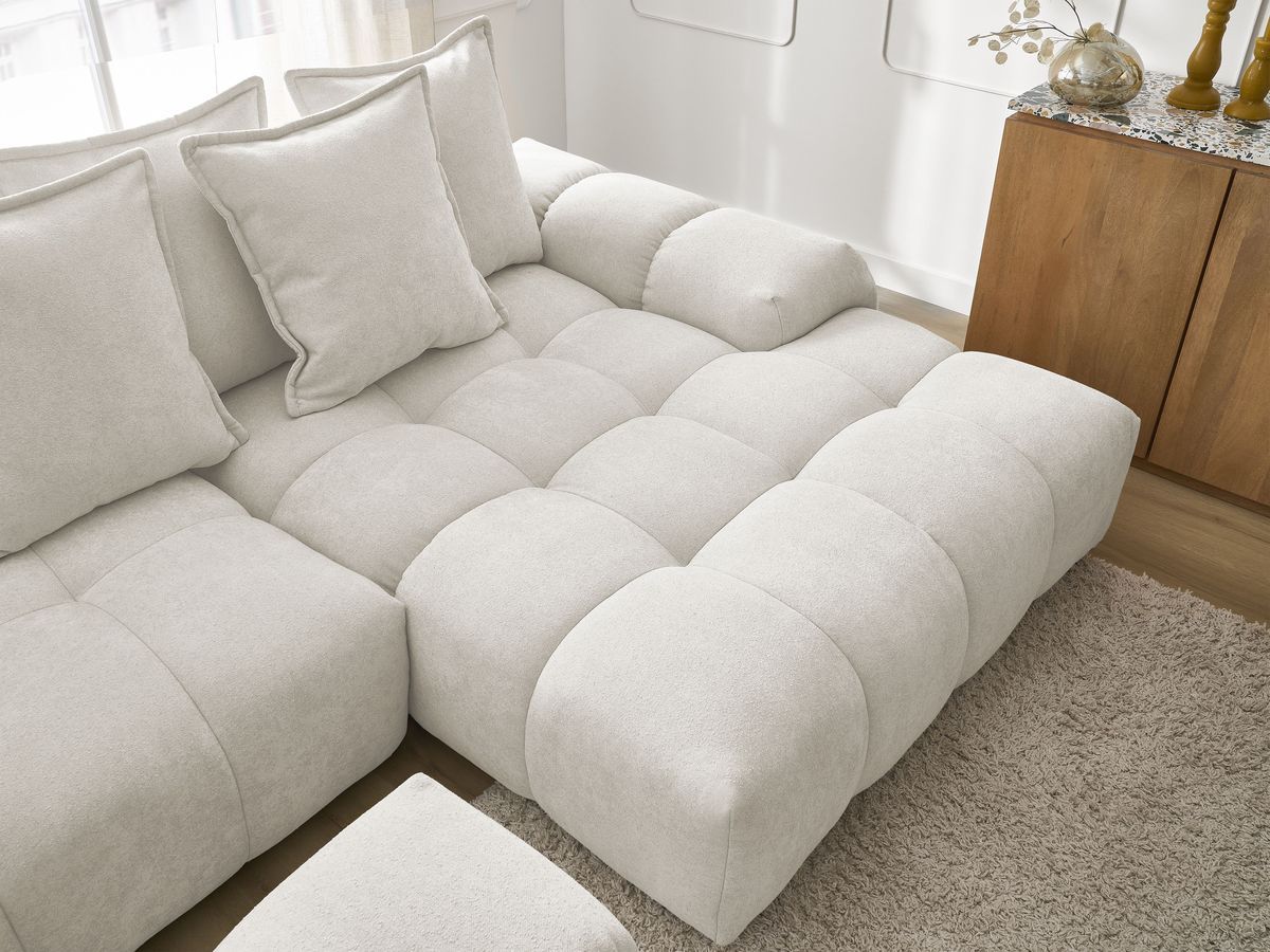 Bobochic Everest Ecksofa mit Schlaffunktion und Bettkasten und Pouf 318 × 180 cm, 7 Kissen Strukturstoff Weiß Ecke rechts