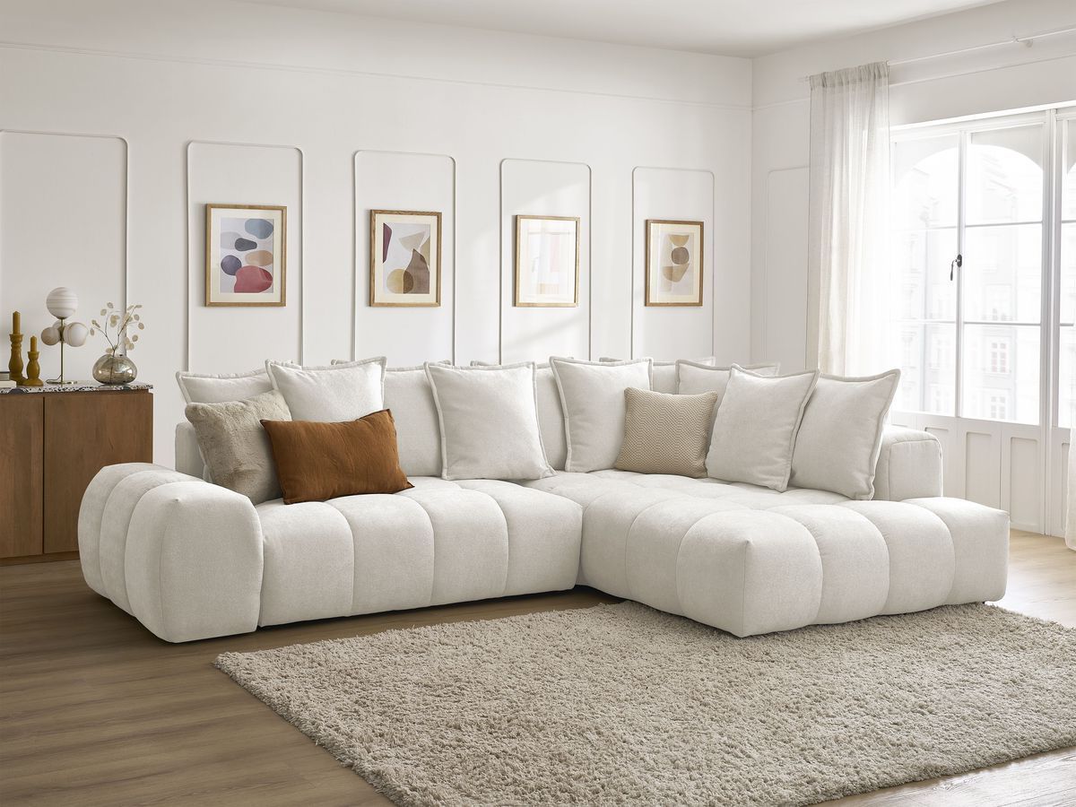 Bobochic Everest Ecksofa mit Schlaffunktion und Bettkasten 320 × 212 cm, 10 Kissen Strukturstoff Weiß Ecke rechts