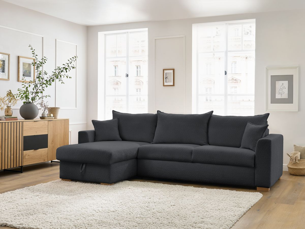 Bobochic Augustin Ecksofa mit Schlaffunktion und Bettkasten Bouclé-Stoff Dunkelgrau, Liegefläche 160 × 200 cm
