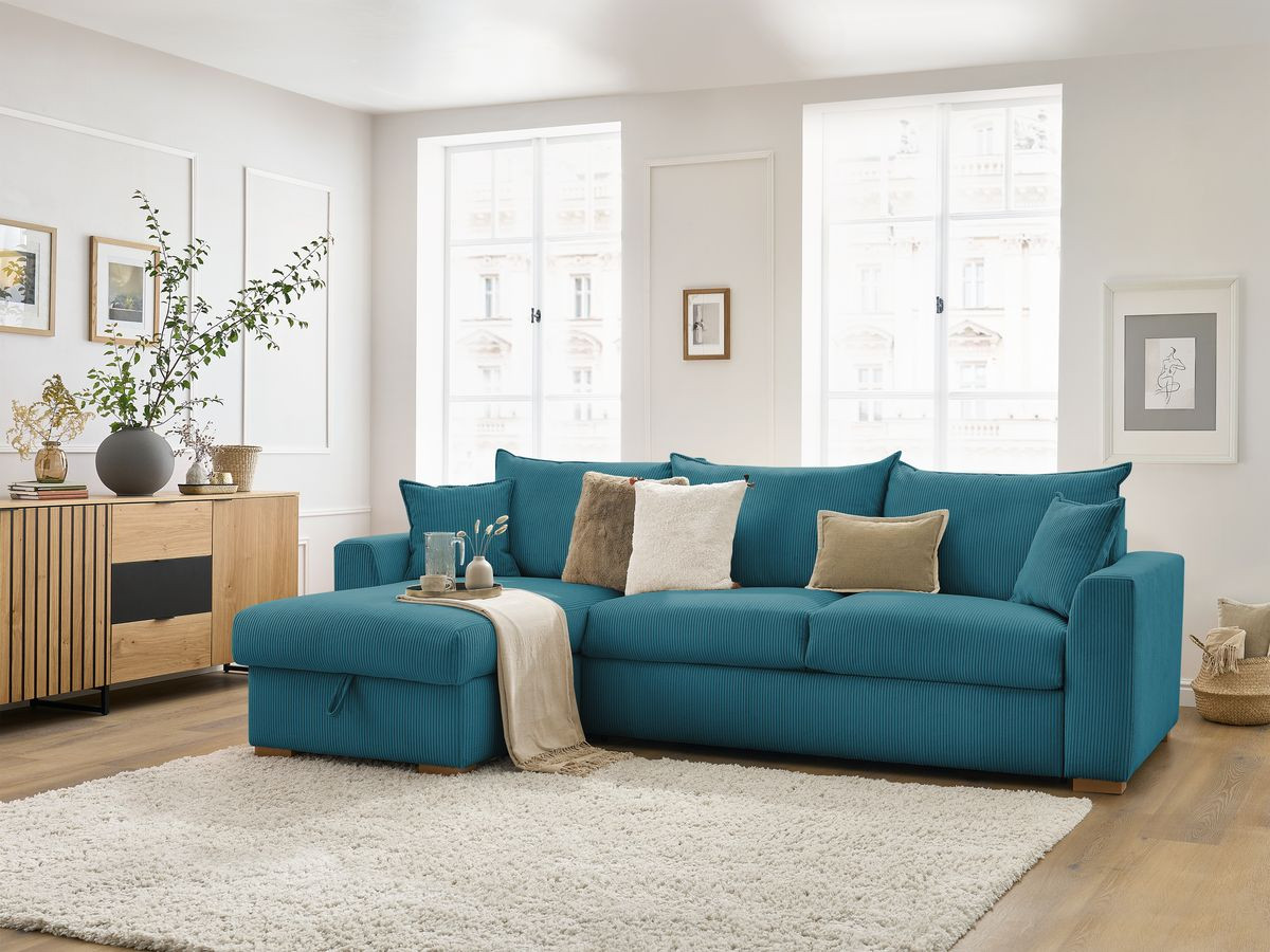 Bobochic Augustin Ecksofa mit Schlaffunktion und Bettkasten Cordsamt Hellblau, Liegefläche 160 × 200 cm