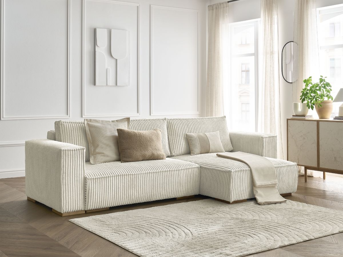 Bobochic Chelsea Ecksofa mit Schlaffunktion und Bettkasten Breitcord weich Beige