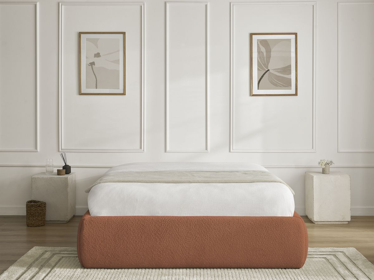 Bobochic Inera Bettgestell mit Bettkasten, ohne Kopfteil Bouclé-Stoff Orange, Liegefläche 140 × 190 cm