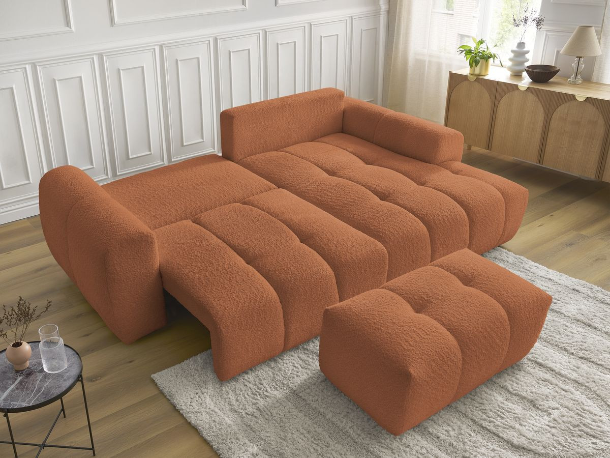 Bobochic Roxelane Ecksofa mit Schlaffunktion und Bettkasten und Pouf 258 × 150 cm Bouclé-Stoff Orange Ecke rechts