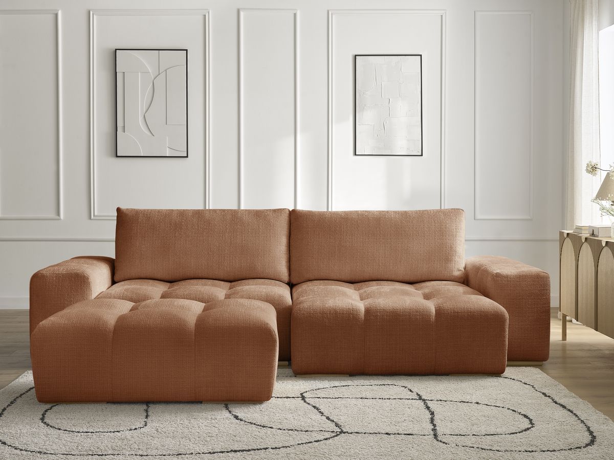 Bobochic Anakin Ecksofa mit Schlaffunktion und Bettkasten und Pouf, 2 Kissen Strukturstoff Orange