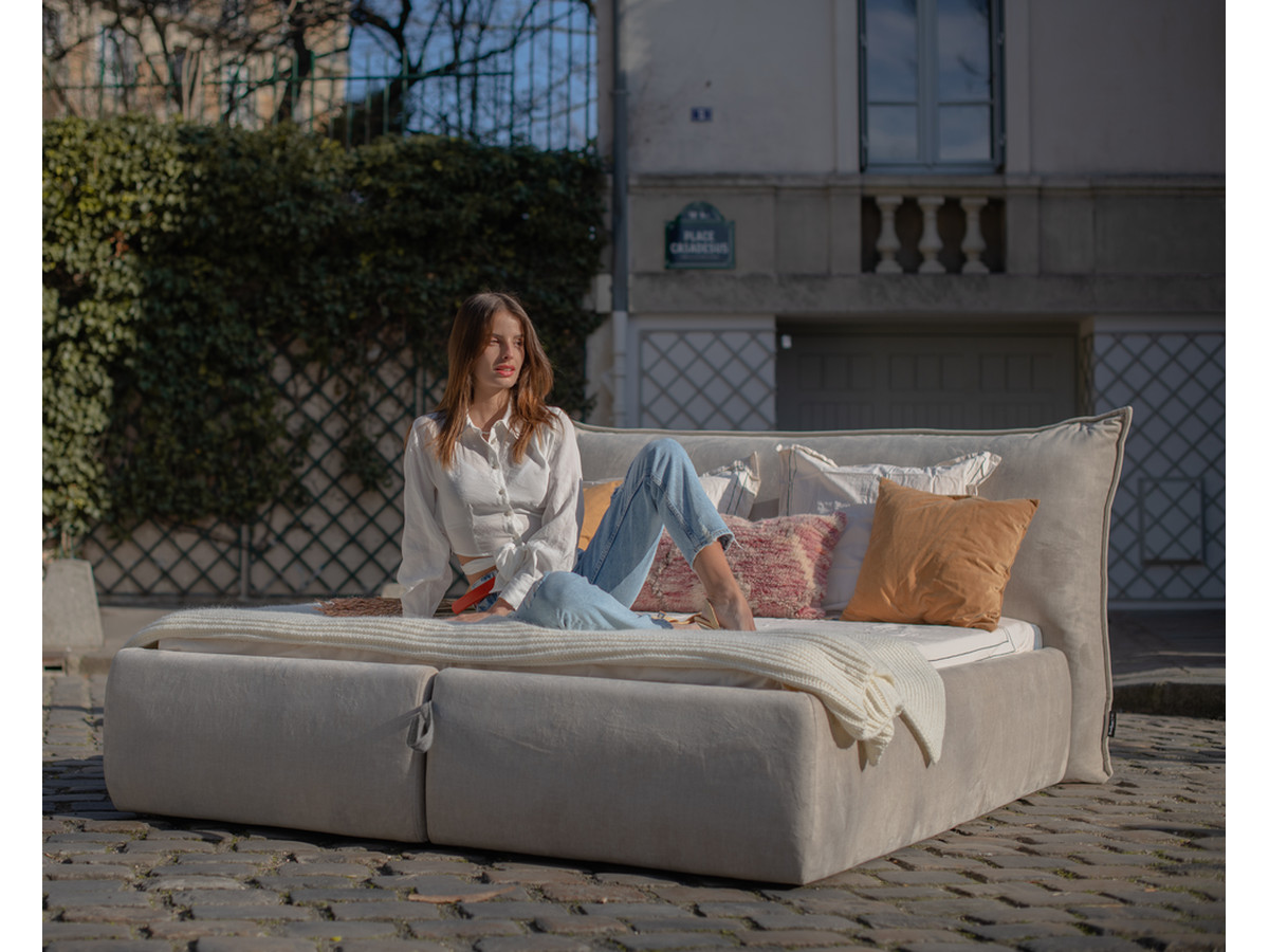 Bobochic Jade Polsterbett mit Bettkasten Stoff Beige, Liegefläche 160 × 200 cm