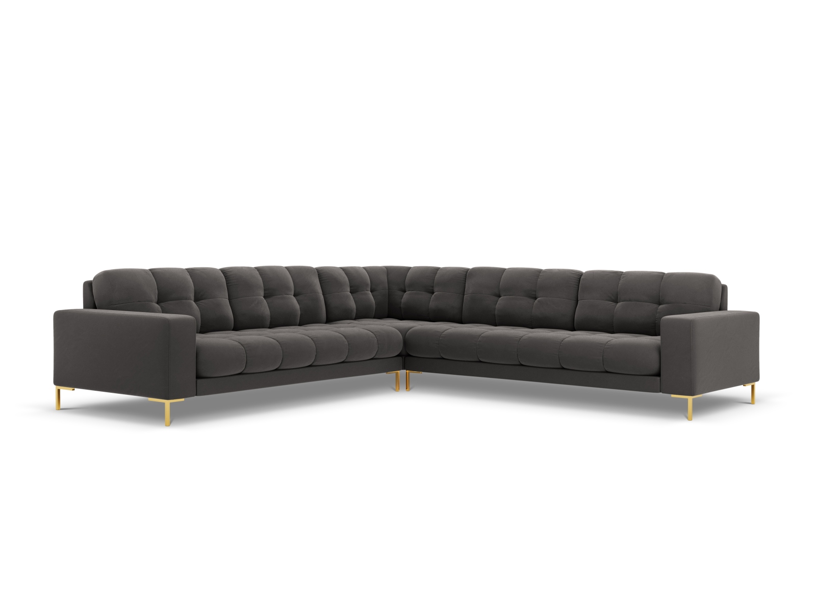 Cosmopolitan Design Symmetrisches Ecksofa Bali 6-Sitzer Samt Bluvel Dunkelgrau Melange Beine Gold