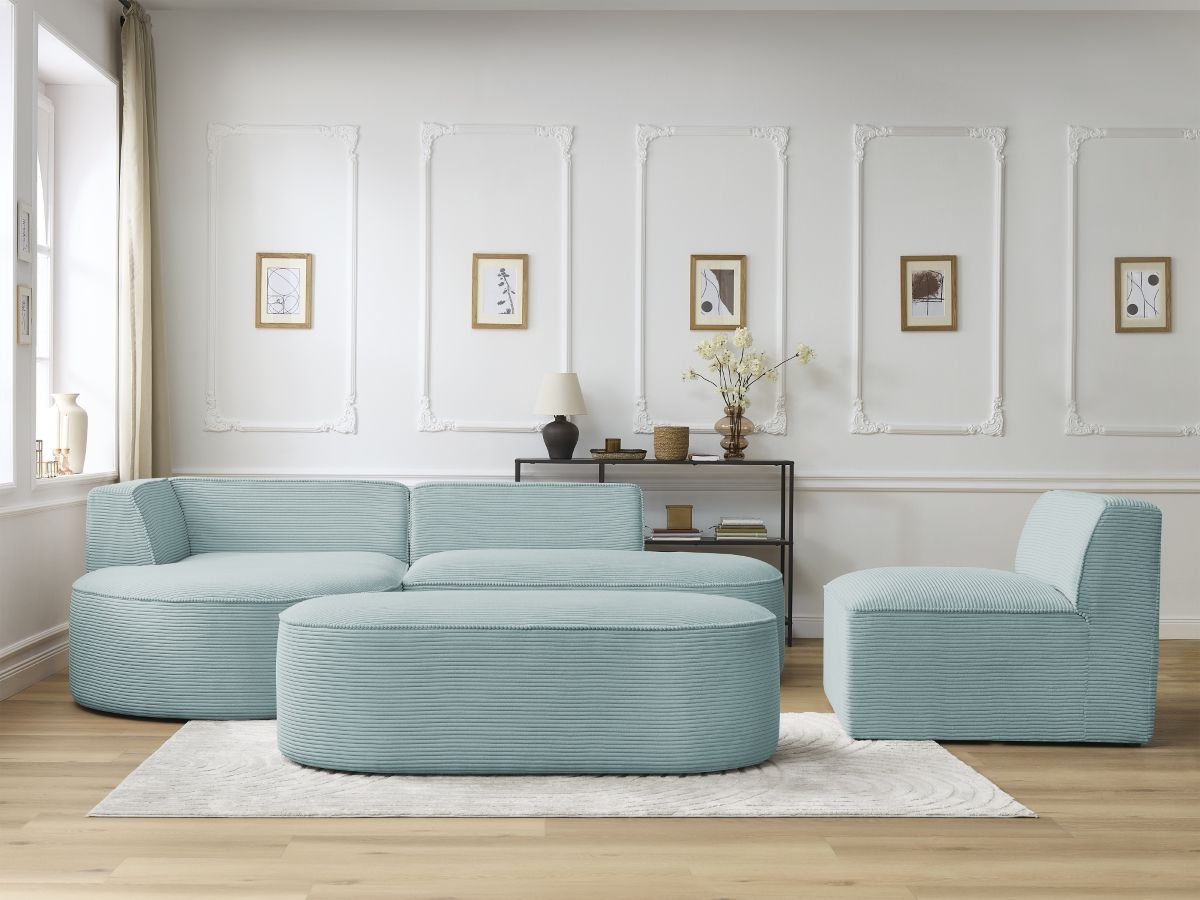 Bobochic Rousseau Ecksofa mit Sofamodul und Pouf Cordsamt Hellblau Ecke links