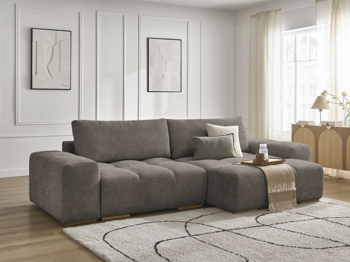 Bobochic Anakin Ecksofa mit Schlaffunktion und Bettkasten, 2 Kissen Bouclé-Stoff Braun