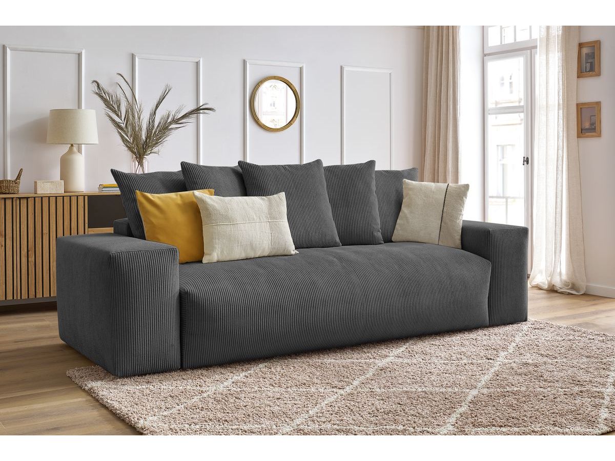 Bobochic Voltaire Schlafsofa 3-Sitzer mit Bettkasten Cordsamt Dunkelgrau