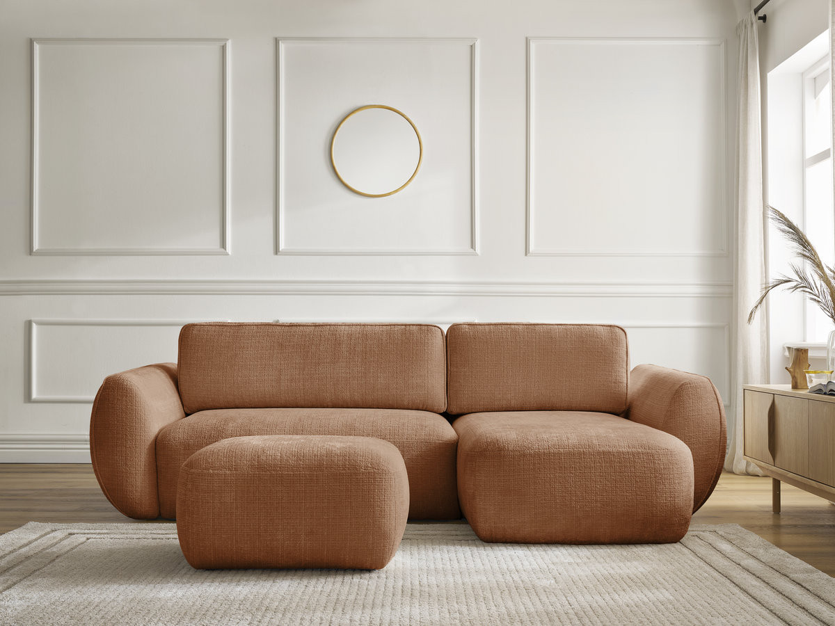 Bobochic Denise Ecksofa mit Schlaffunktion und Bettkasten und Pouf 258 × 160 cm Strukturstoff Orange Ecke rechts