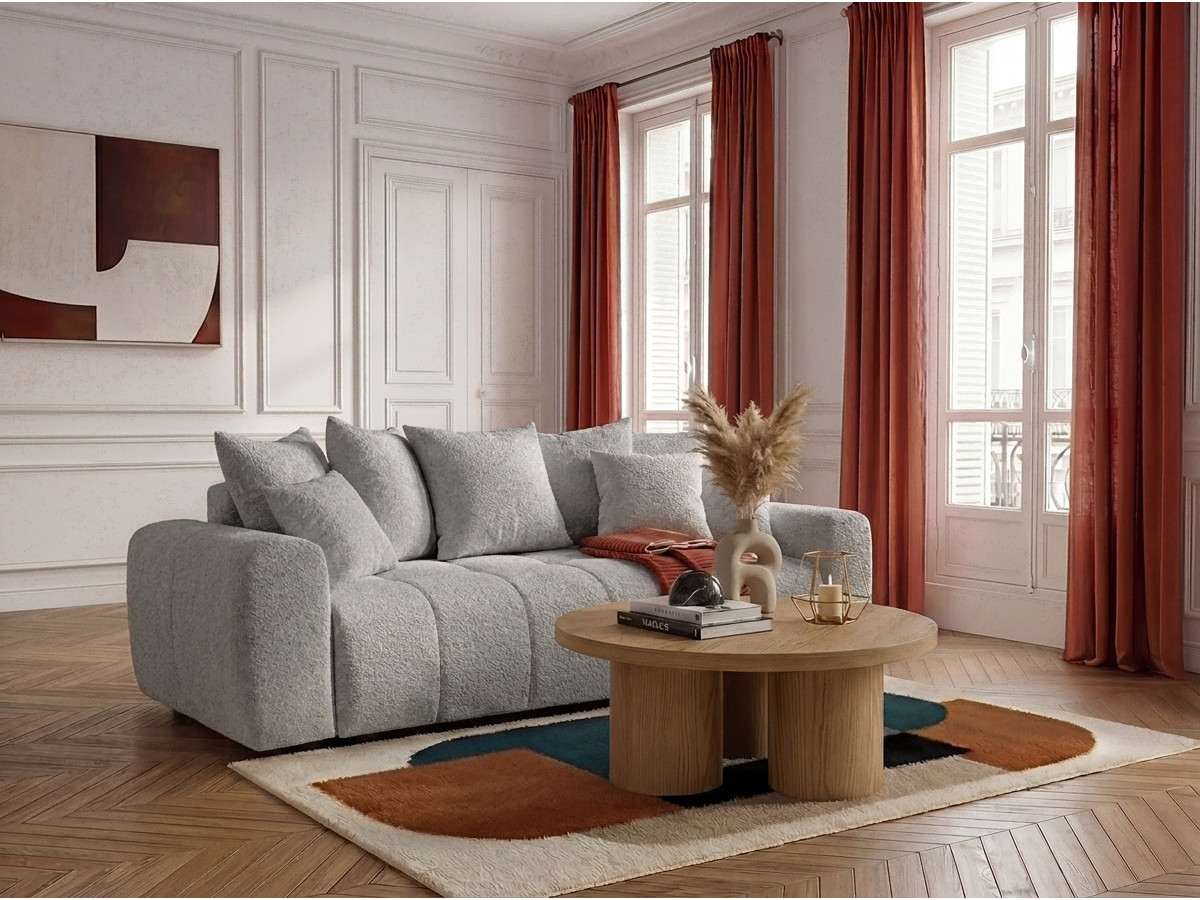 Bobochic Roxelane Schlafsofa 3-Sitzer mit Bettkasten Bouclé-Stoff Hellgrau