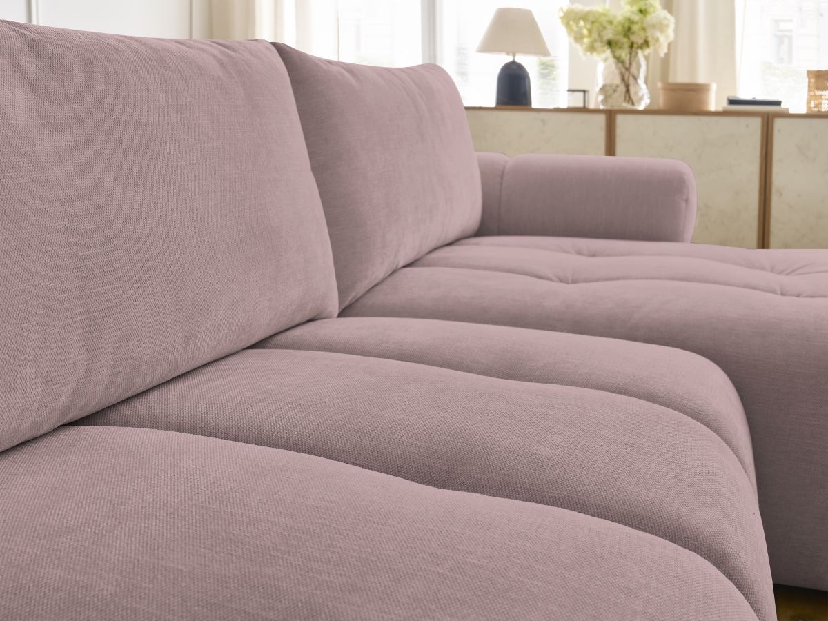 Bobochic Fuji Ecksofa mit Schlaffunktion und Bettkasten und Pouf 292 × 160 cm Stoff Rosa Ecke rechts
