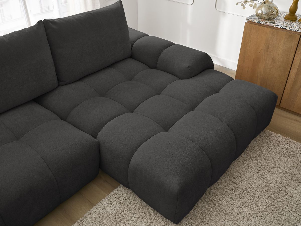 Bobochic Everest Ecksofa mit Schlaffunktion und Bettkasten 318 × 180 cm, 3 Kissen Strukturstoff Schwarz Ecke rechts
