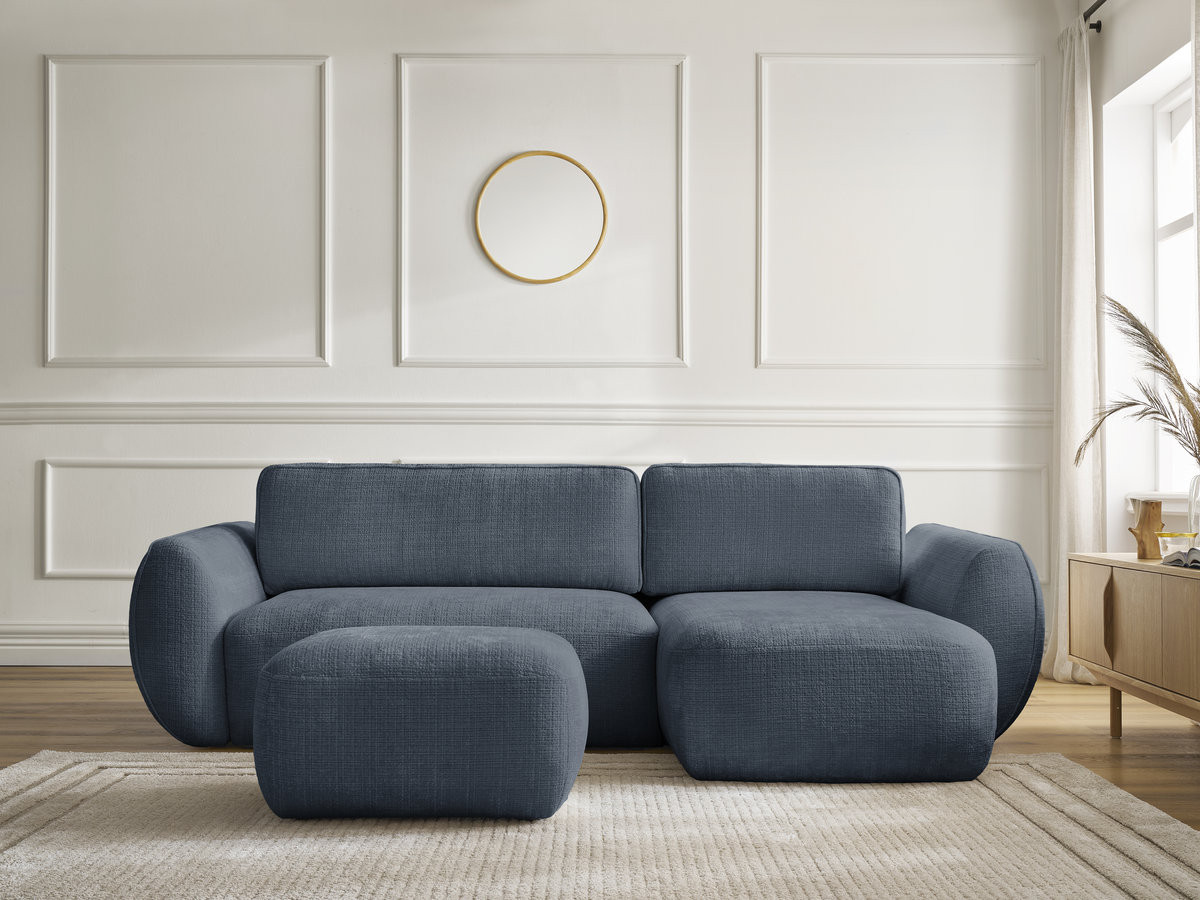 Bobochic Denise Ecksofa mit Schlaffunktion und Bettkasten und Pouf 258 × 160 cm Strukturstoff Dunkelblau Ecke rechts