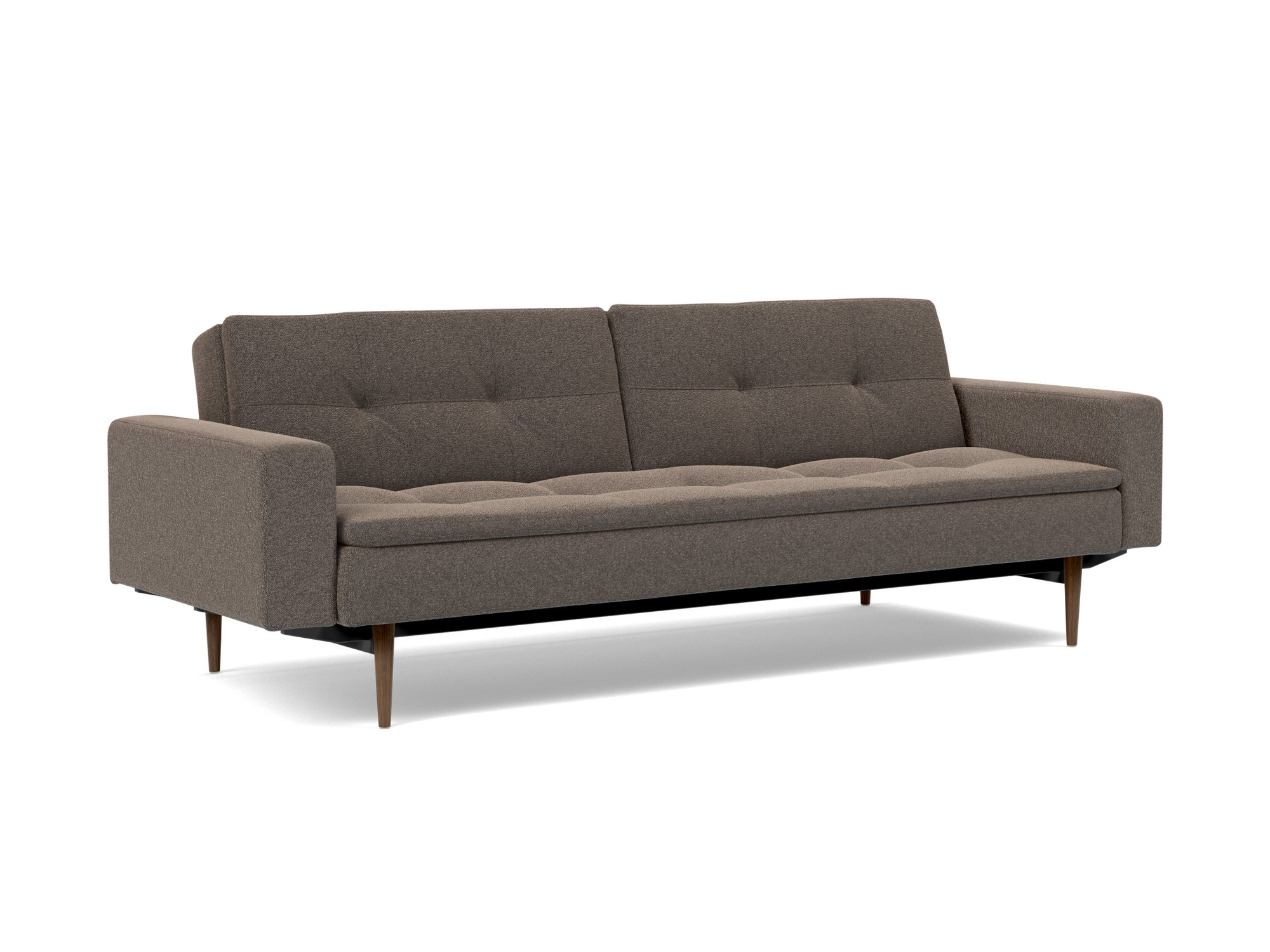 Schlafsofa Dublexo mit Armlehnen Boucle Skandi 530-Taupe Beine Styletto Eiche dunkel