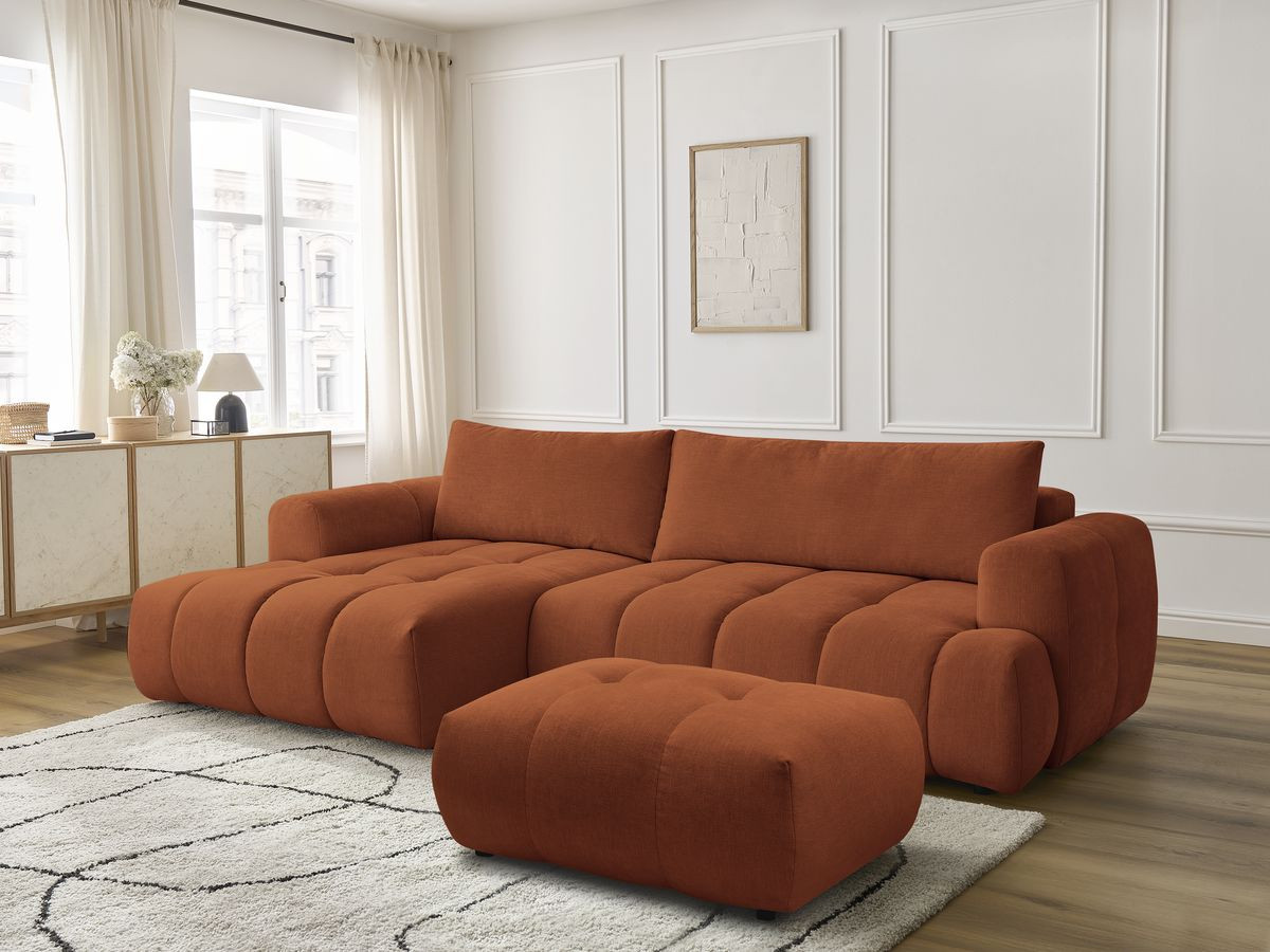 Bobochic Fuji Ecksofa mit Schlaffunktion und Bettkasten und Pouf 292 × 160 cm Stoff Orange Ecke links