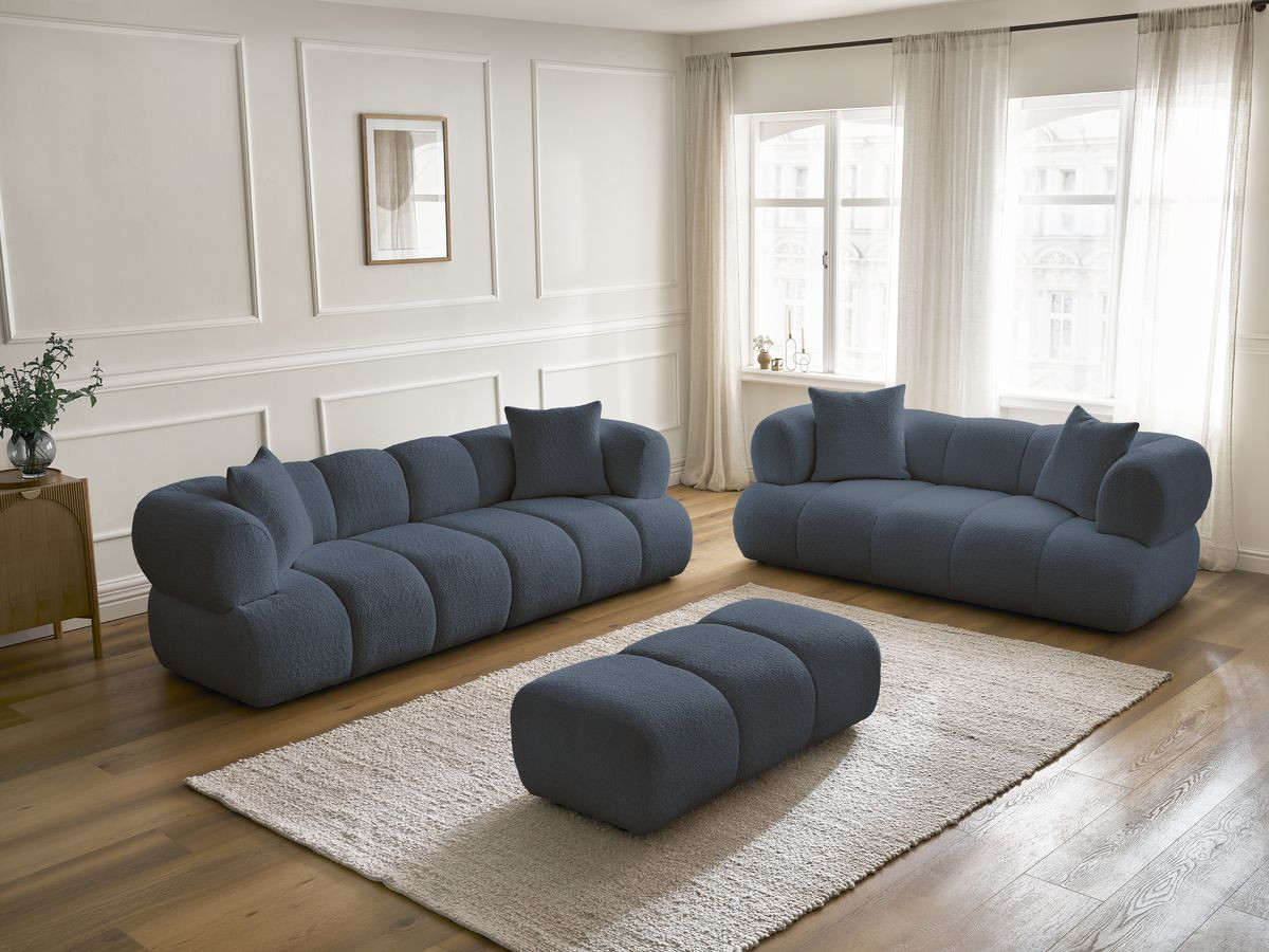 Bobochic Pamira Sofa 5-Sitzer mit Pouf Bouclé-Stoff Dunkelblau