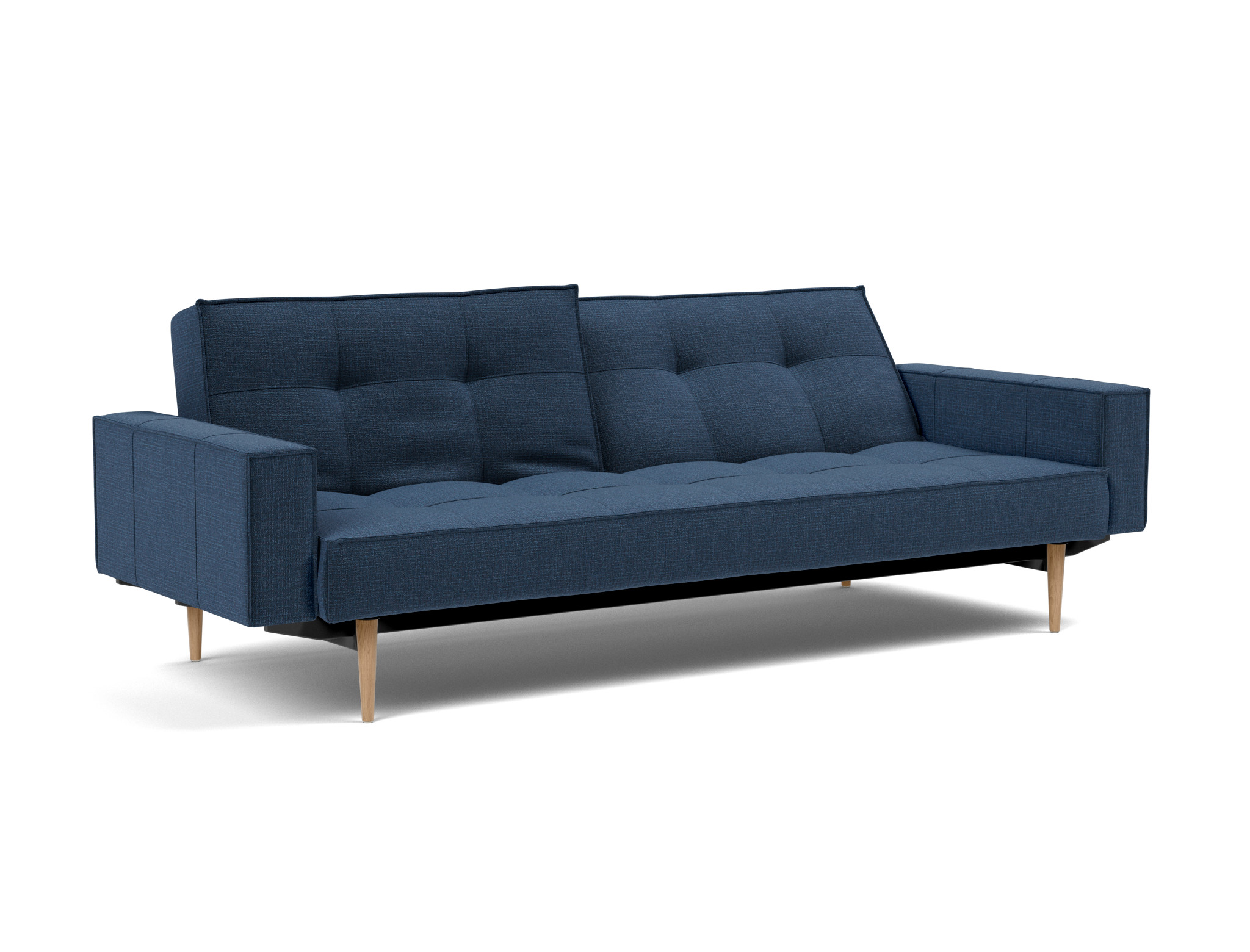 Schlafsofa Splitback mit Armlehnen Chenille Esina 414-Indigo-Blue Beine Styletto Eiche hell