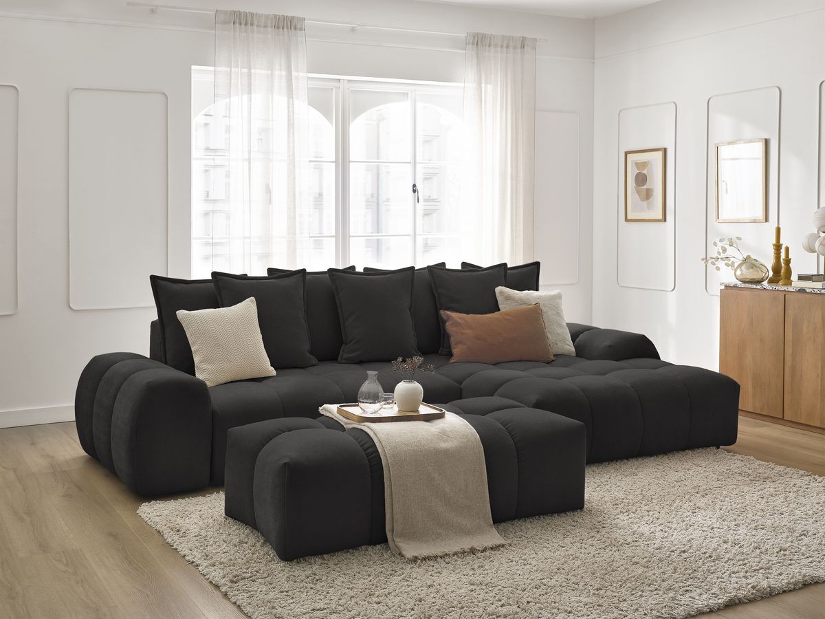 Bobochic Everest Ecksofa mit Schlaffunktion und Bettkasten und Pouf 318 × 180 cm, 7 Kissen Strukturstoff Schwarz Ecke rechts