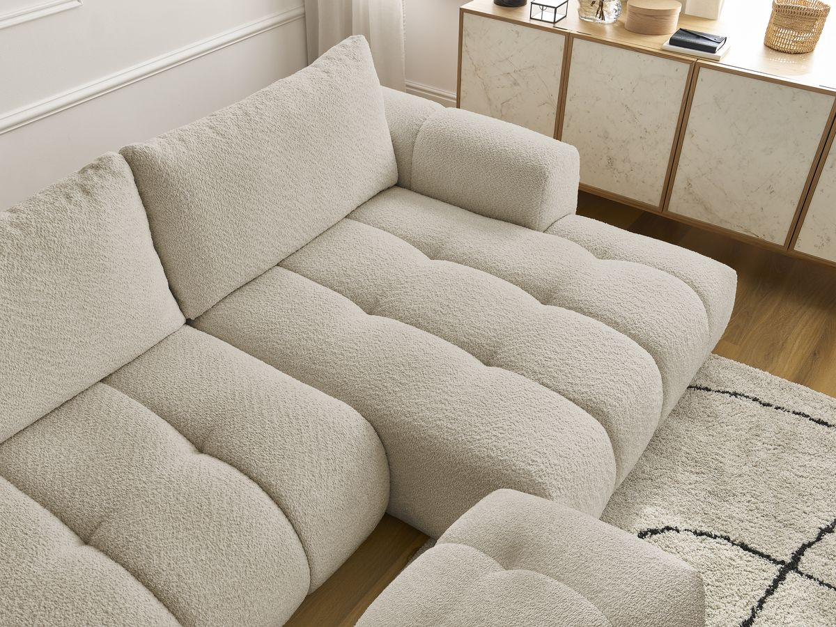Bobochic Fuji Ecksofa mit Schlaffunktion und Bettkasten und Pouf 292 × 160 cm Bouclé-Stoff Beige Ecke rechts
