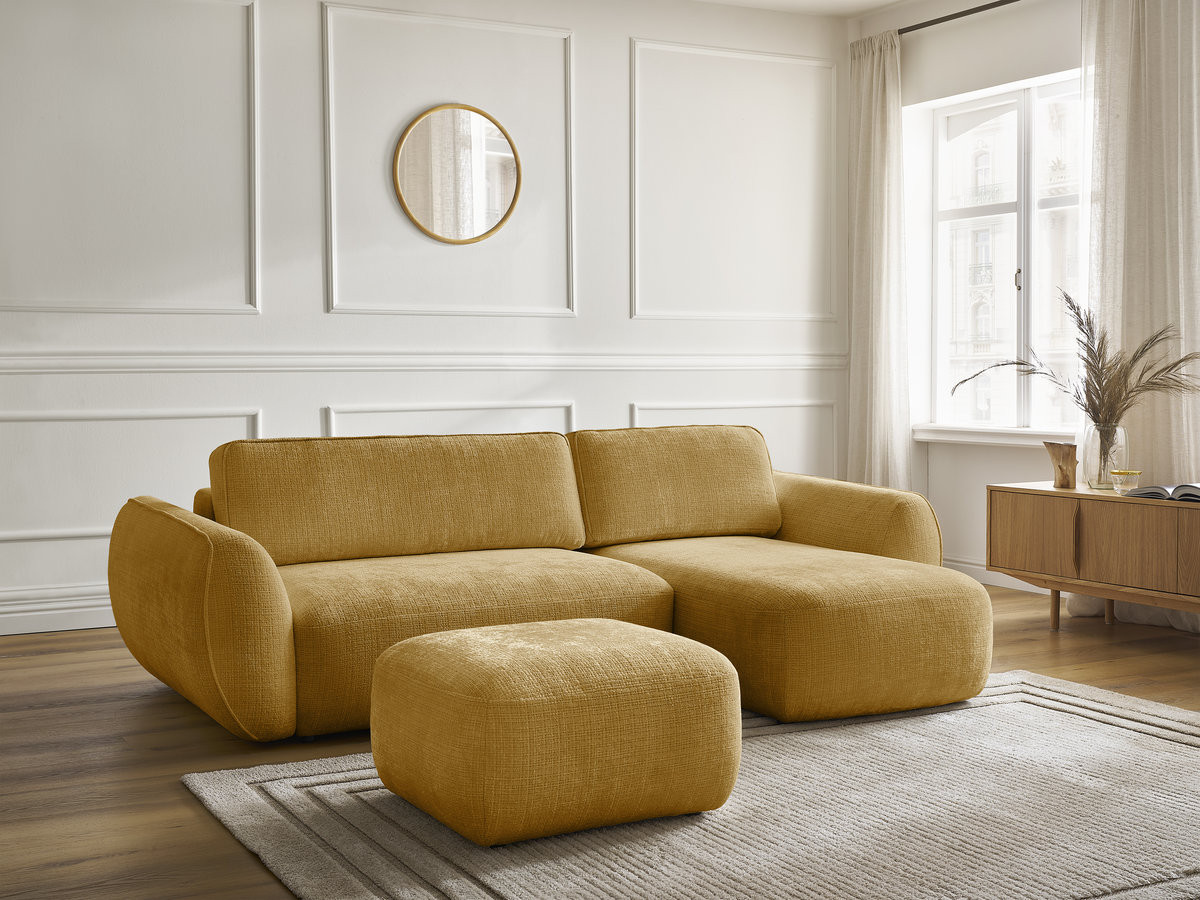 Bobochic Denise Ecksofa mit Schlaffunktion und Bettkasten und Pouf 258 × 160 cm Strukturstoff Gelb Ecke rechts