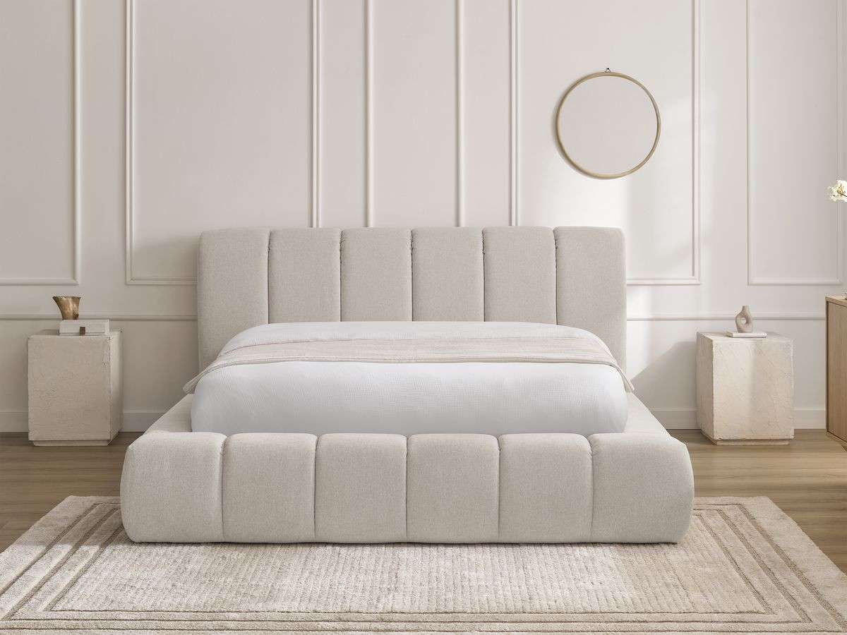 Bobochic Denali Polsterbett mit Bettkasten Stoff Beige, Liegefläche 140 × 190 cm