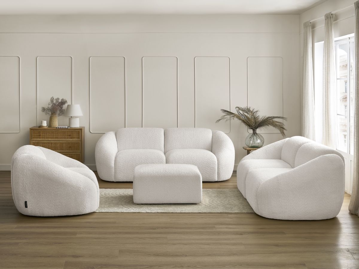 Bobochic Tina Sofa 7-Sitzer mit Pouf Bouclé-Stoff Weiß