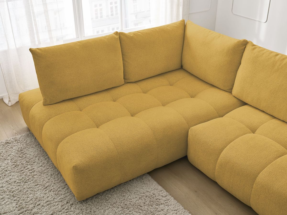 Bobochic Everest Ecksofa mit Schlaffunktion und Bettkasten 320 × 212 cm, 5 Kissen Melange-Stoff Gelb Ecke links