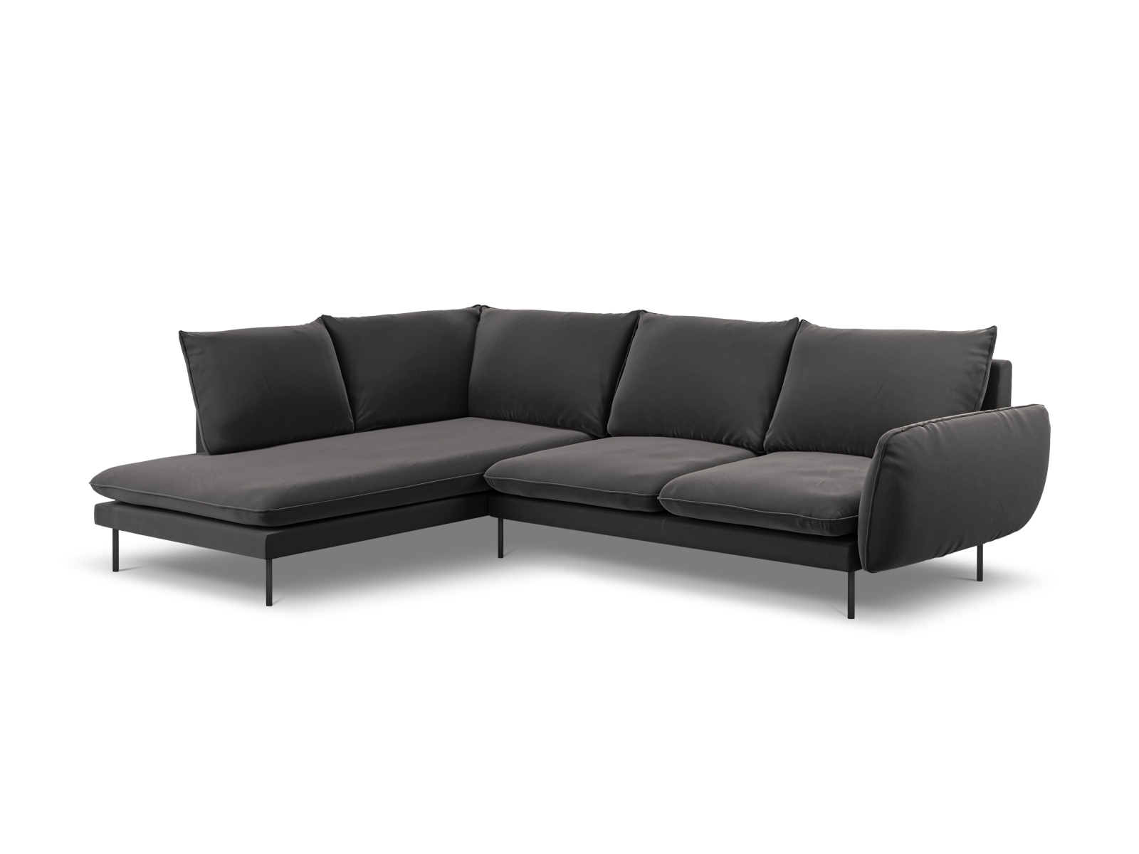 Cosmopolitan Design Ecksofa Vienna 6-Sitzer Samt Bluvel Dunkelgrau Melange Links Beine Schwarzes Metall