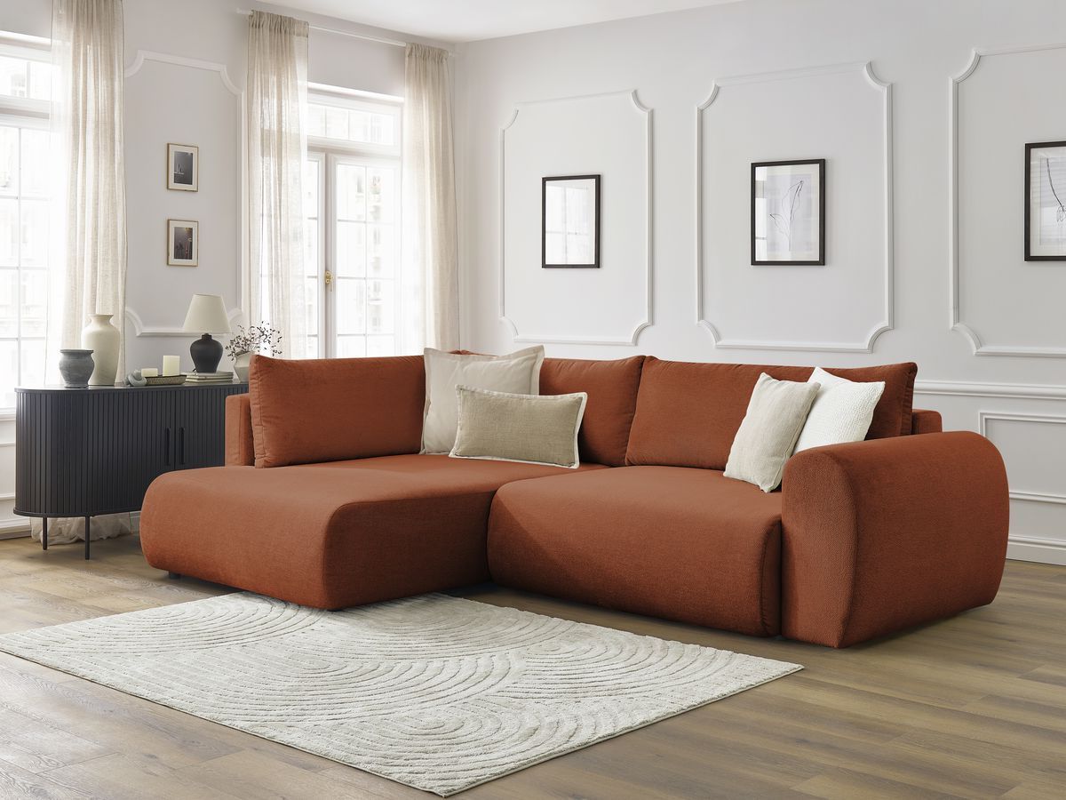 Bobochic Lucien Ecksofa mit Schlaffunktion und Bettkasten 296 × 198 cm Stoff Orange Ecke links