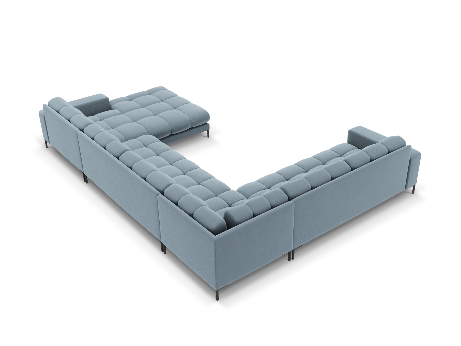 Cosmopolitan Design Panoramasofa Bali 7-Sitzer 327 cm Samt Bluvel Hellblau Links Beine Schwarzes Metall