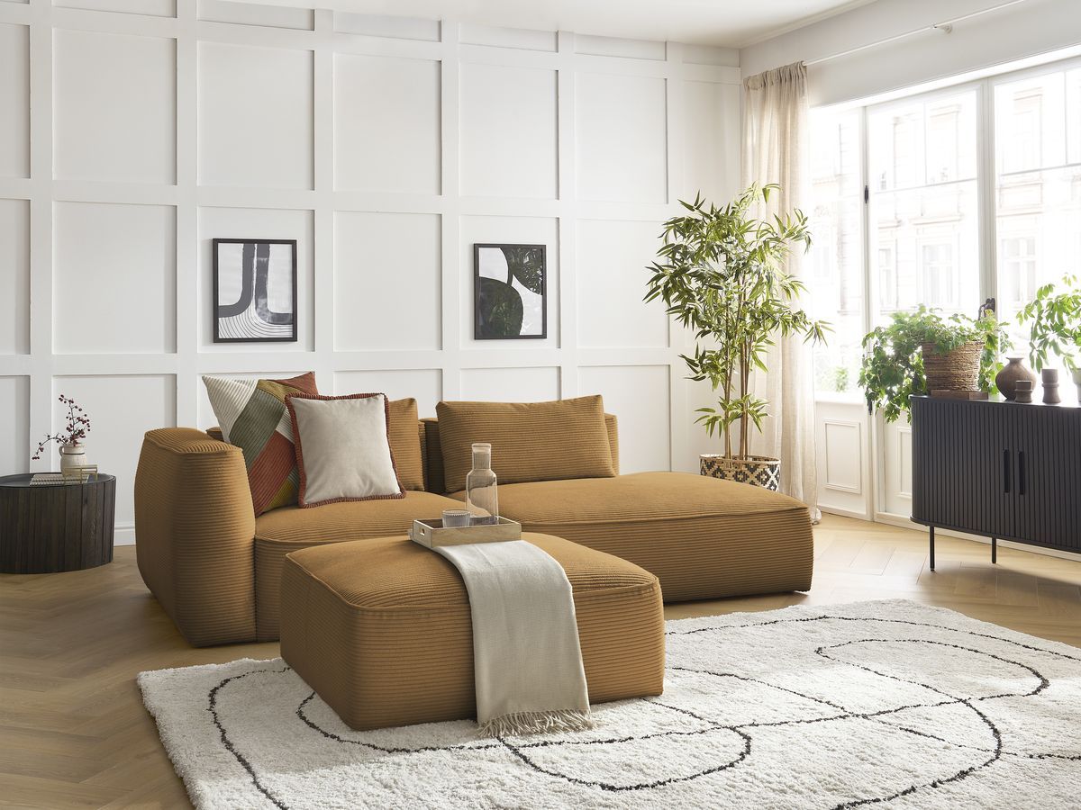 Bobochic Leopold Sofa 4-Sitzer mit Pouf Cordsamt Gelb Armlehne links