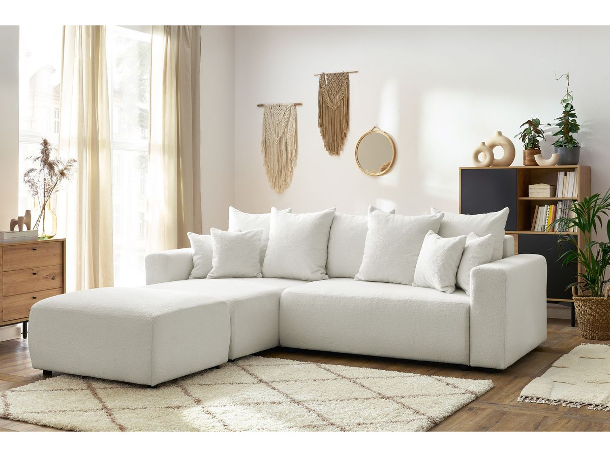 Bobochic Envy Ecksofa mit Schlaffunktion und Bettkasten und rechteckigem Pouf Bouclé-Stoff Weiß
