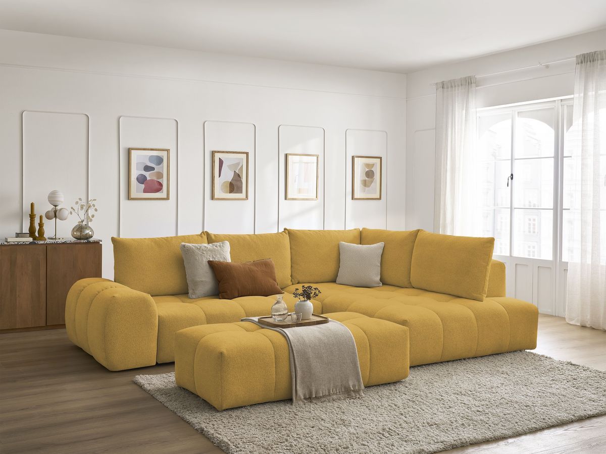 Bobochic Everest Ecksofa mit Schlaffunktion und Bettkasten und Pouf 320 × 212 cm, 5 Kissen Melange-Stoff Gelb Ecke rechts