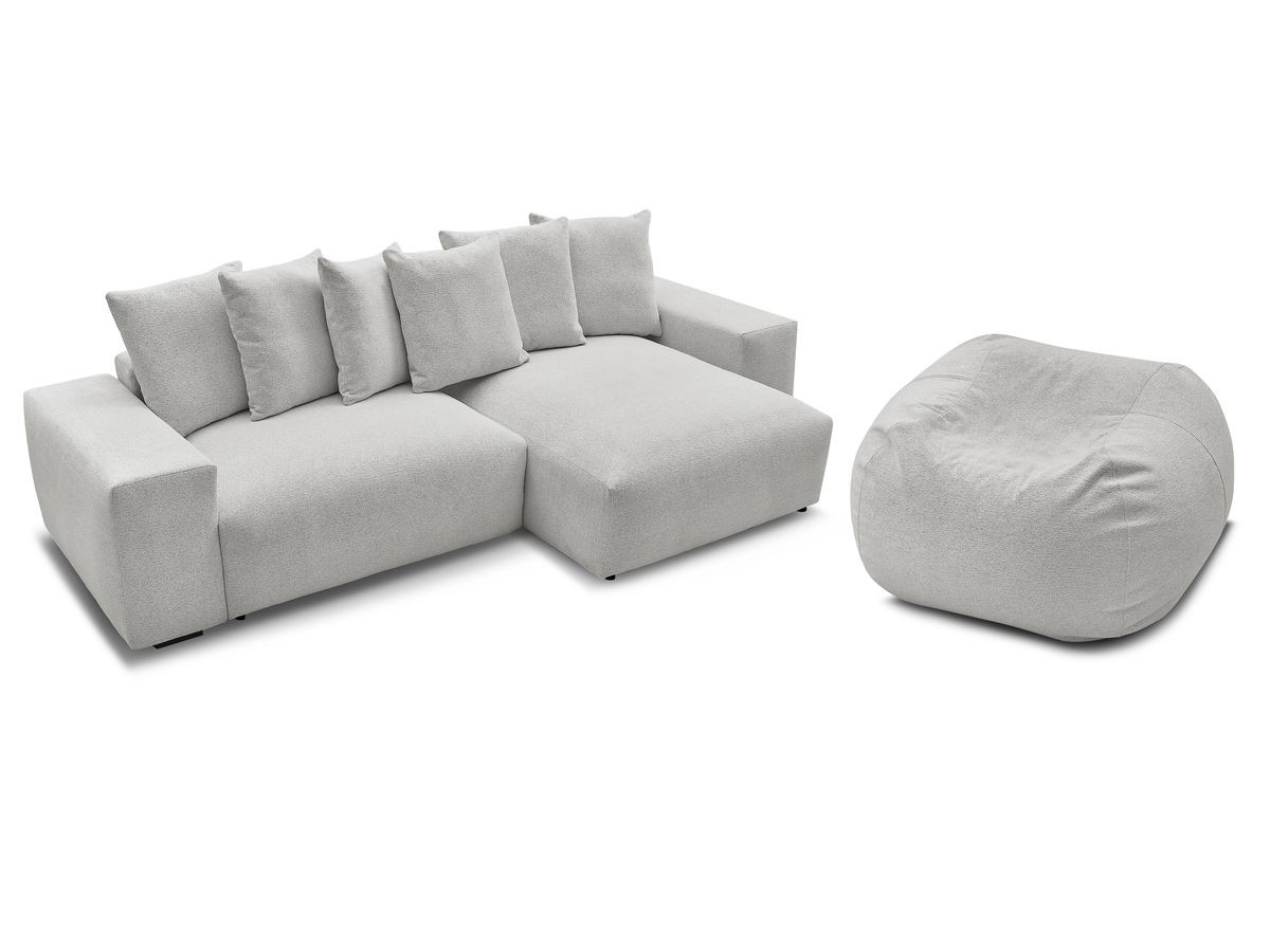 Bobochic Voltaire Ecksofa mit Schlaffunktion und Bettkasten und Pouf Melange-Stoff Hellgrau