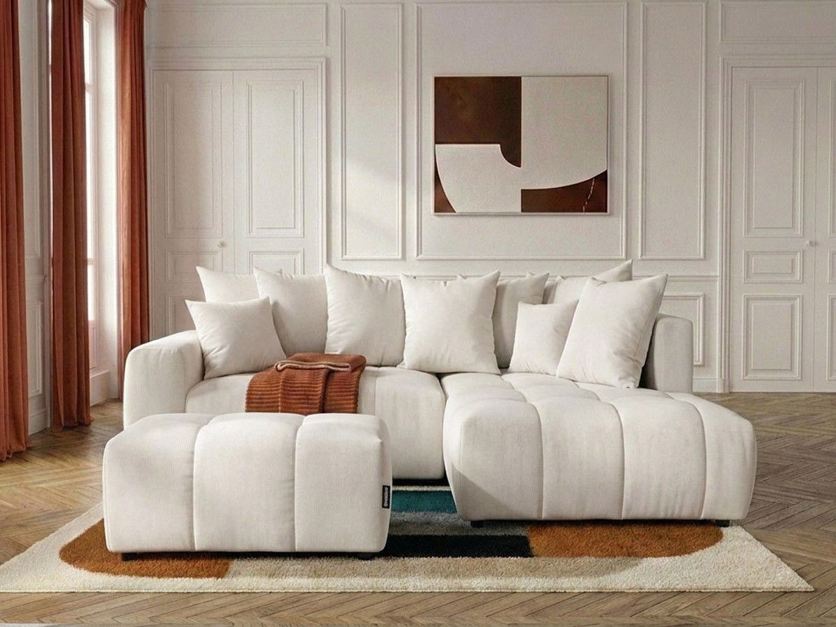 Bobochic Roxelane Ecksofa mit Schlaffunktion und Bettkasten und Pouf Melange-Stoff Weiß Ecke rechts