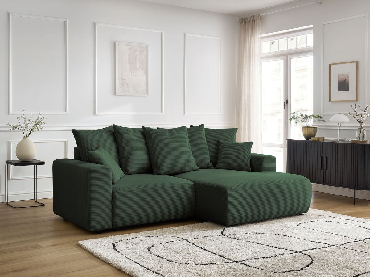 Bobochic Atilla Ecksofa mit Schlaffunktion und Bettkasten Cordsamt Dunkelgrün Ecke rechts