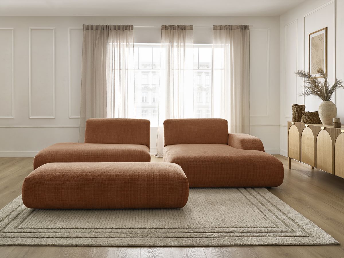Bobochic Sirius Ecksofa mit Pouf 300 × 170 cm Strukturstoff Orange Ecke rechts