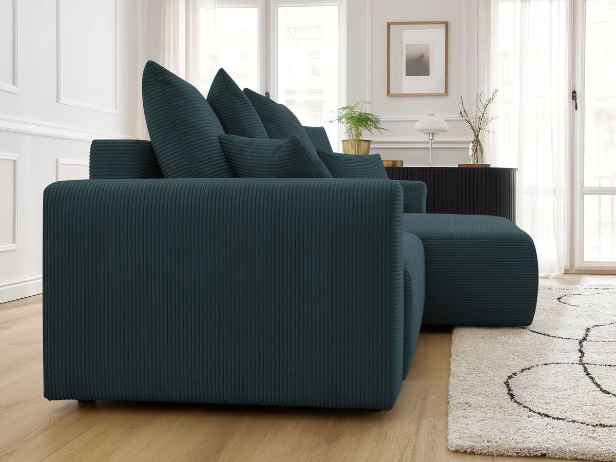 Bobochic Atilla Ecksofa mit Schlaffunktion und Bettkasten Cordsamt Dunkelblau Ecke rechts